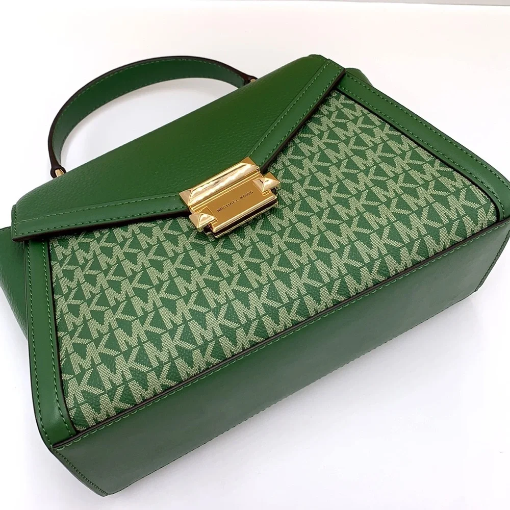 MICHAEL KORS Whitney Medium Flap Top Handle Satchel Fern Green signature color